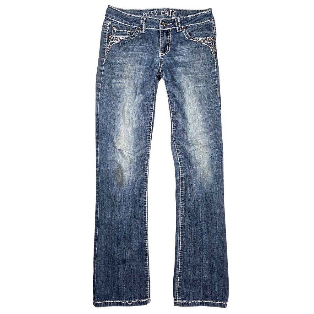 Miss Chic Womens Blue Rhinestone Embellished Bootcut Jeans Contrast Stitch Y2K